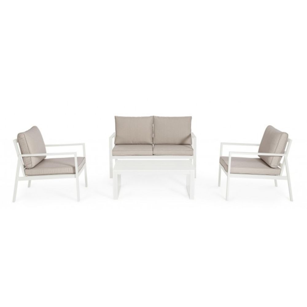 set salotto hilde con 1 divano, 2 poltroncine e 1 tavolino in alluminio bianco, con cuscini, ambientazione in terrazza,...