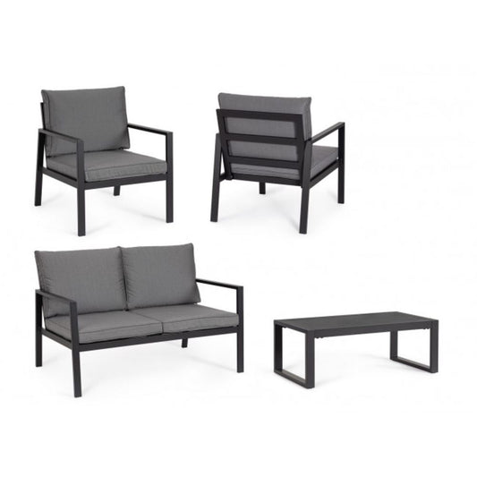 set salotto hilde con 1 divano, 2 poltroncine e 1 tavolino in alluminio antracite, con cuscini, dettaglio dei materiali:...