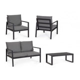 set salotto hilde con 1 divano, 2 poltroncine e 1 tavolino in alluminio antracite, con cuscini, dettaglio dei materiali:...