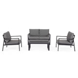 set salotto hilde con 1 divano, 2 poltroncine e 1 tavolino in alluminio antracite, con cuscini, ambientazione in terrazza,...