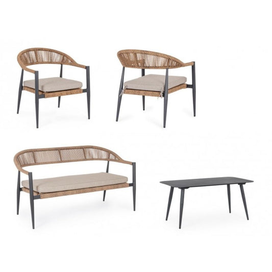 set salotto jandia con 1 divano, 2 poltrone e 1 tavolino in alluminio antracite e fibra intrecciata naturale, dettaglio dei...