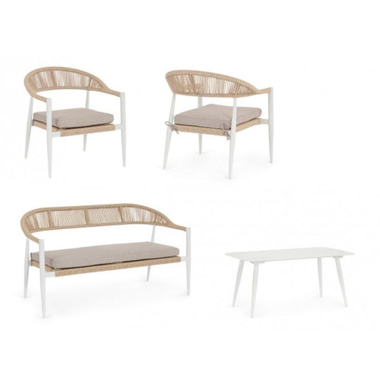 set salotto jandia con 1 divano, 2 poltrone e 1 tavolino in alluminio bianco e fibra intrecciata naturale, dettaglio dei...