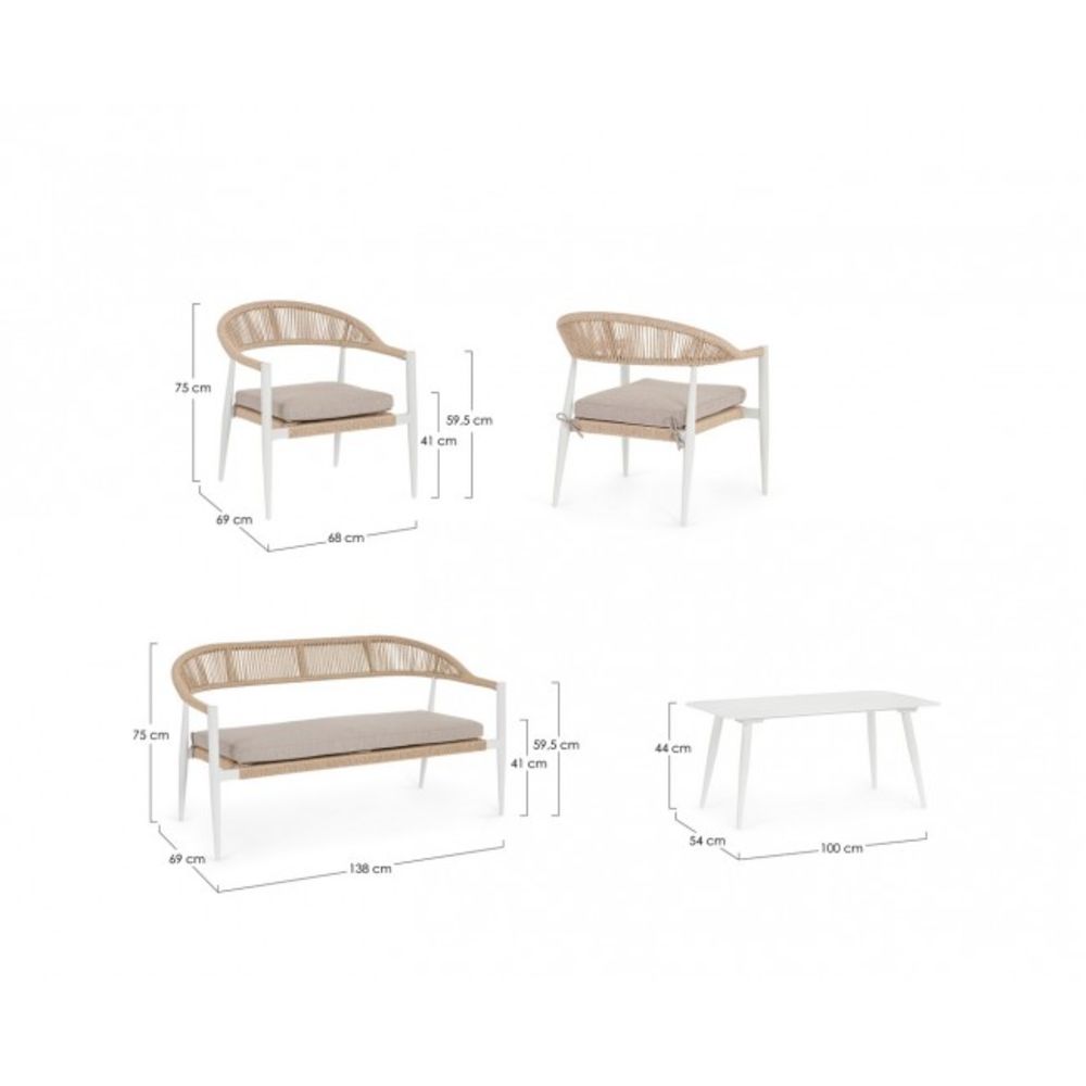 set salotto jandia con 1 divano, 2 poltrone e 1 tavolino in alluminio bianco e fibra intrecciata naturale, ambientazione in...