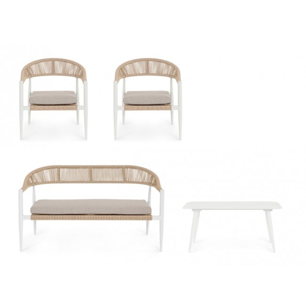 set salotto jandia con 1 divano, 2 poltrone e 1 tavolino in alluminio bianco e fibra intrecciata naturale, design elegante...