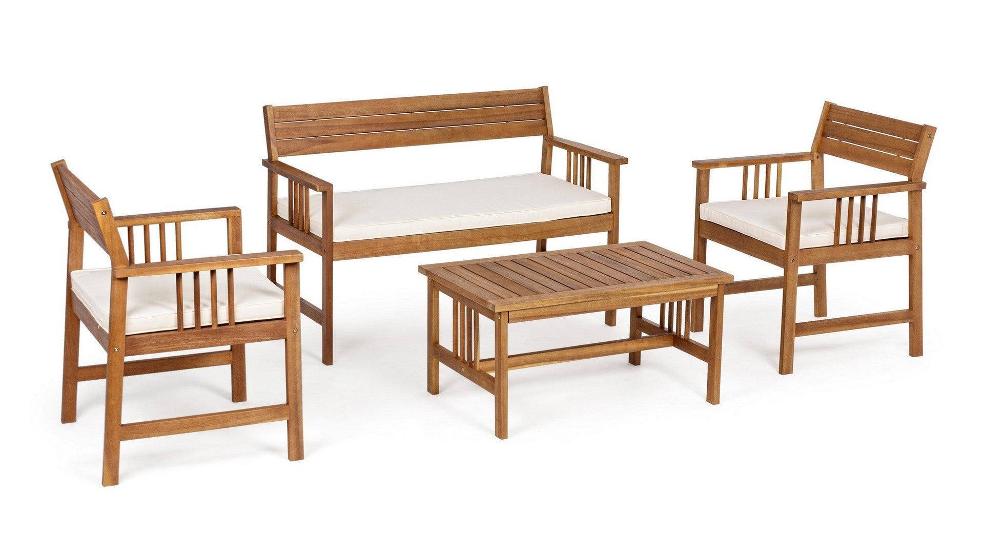 set salotto noemi in legno d’acacia con cuscini, salotto da giardino completo con divano, poltrone e tavolino