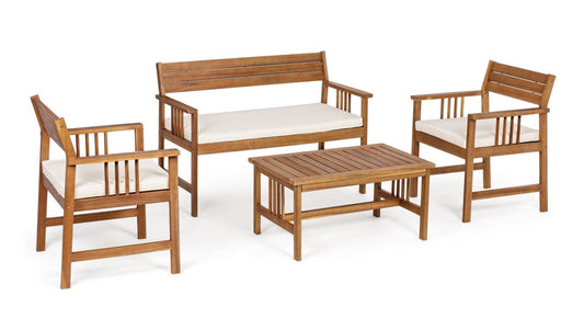 set salotto noemi in legno d’acacia con cuscini, salotto da giardino completo con divano, poltrone e tavolino
