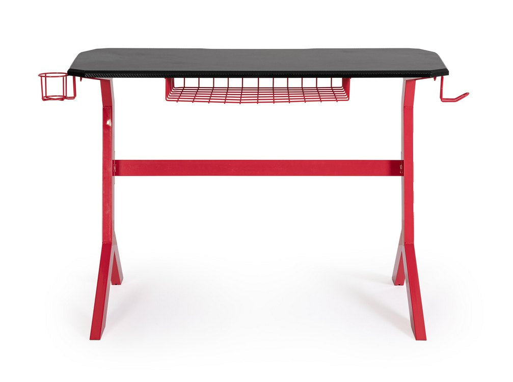 scrivania gaming in legno e pvc nero con base acciaio rosso, 118 x 65 cm, ambientazione d’arredo con il prodotto protagonista