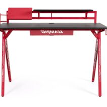 Scrivania GAMING in legno e pvc nero con base acciaio rosso, 135,5 x 60 cm