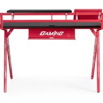 Scrivania GAMING in legno e pvc nero con base acciaio rosso, 135,5 x 60 cm