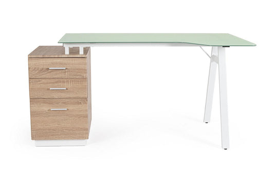 scrivania charlie in vetro temperato e base acciaio bianco, con cassettiera 150,5 x 80 cm, ambientazione d’arredo con il...