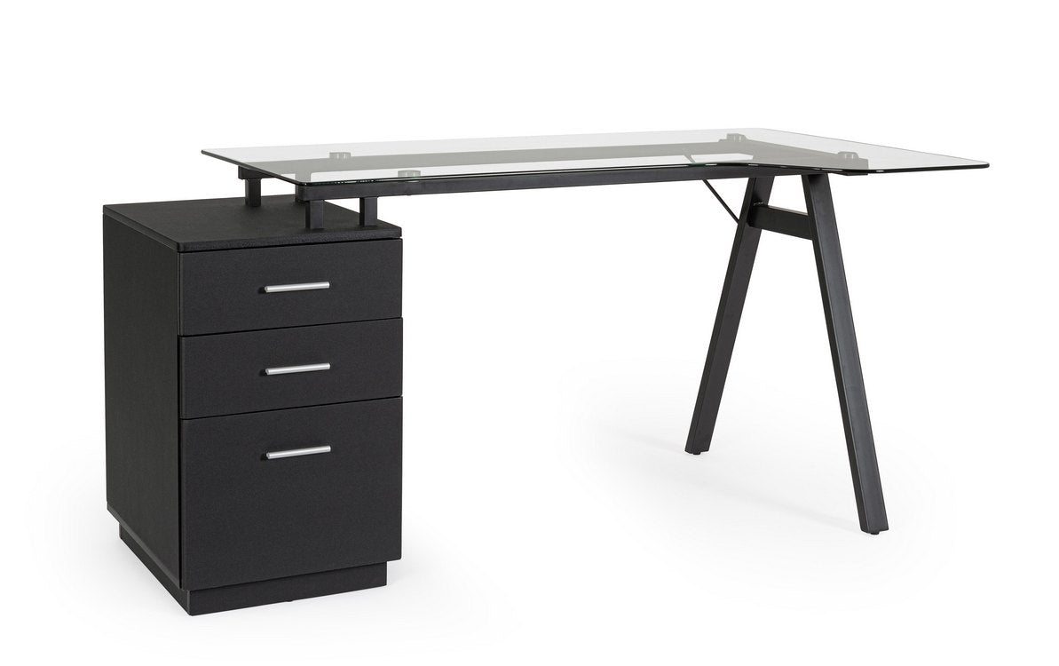 scrivania charlie in vetro temperato e base acciaio nero, con cassettiera 150,5 x 80 cm, vista frontale del prodotto