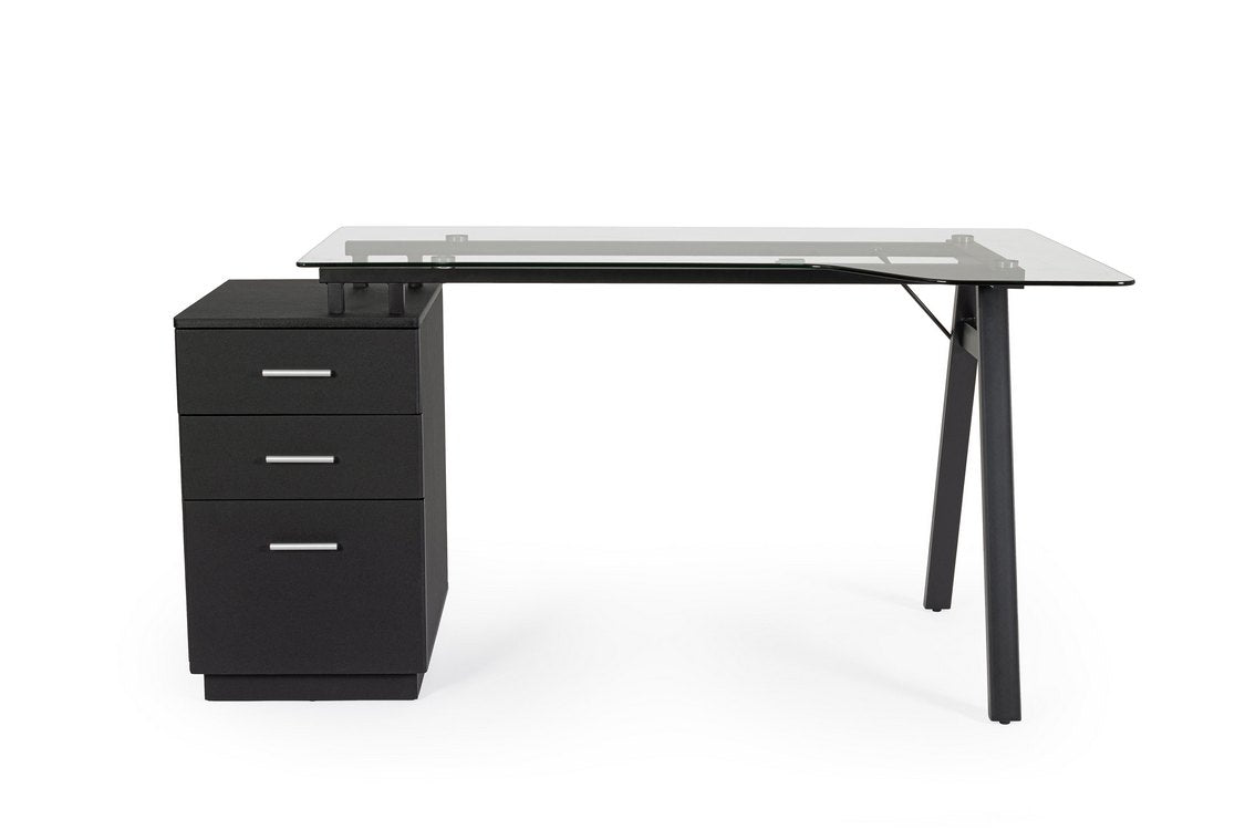 scrivania charlie in vetro temperato e base acciaio nero, con cassettiera 150,5 x 80 cm, ambientazione d’arredo con il...