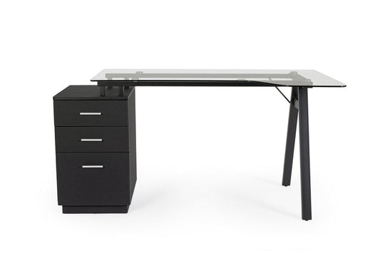 scrivania charlie in vetro temperato e base acciaio nero, con cassettiera 150,5 x 80 cm, ambientazione d’arredo con il...