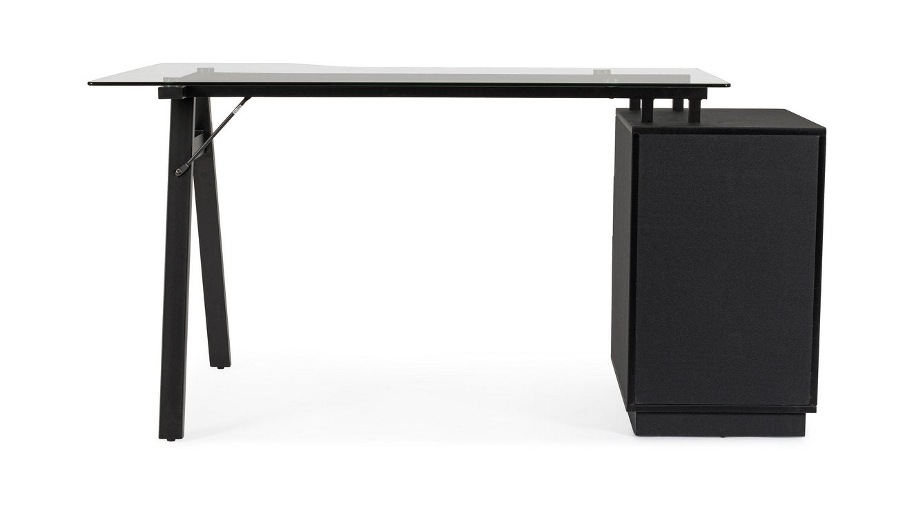 scrivania charlie in vetro temperato e base acciaio nero, con cassettiera 150,5 x 80 cm, ambientazione d’arredo con il...
