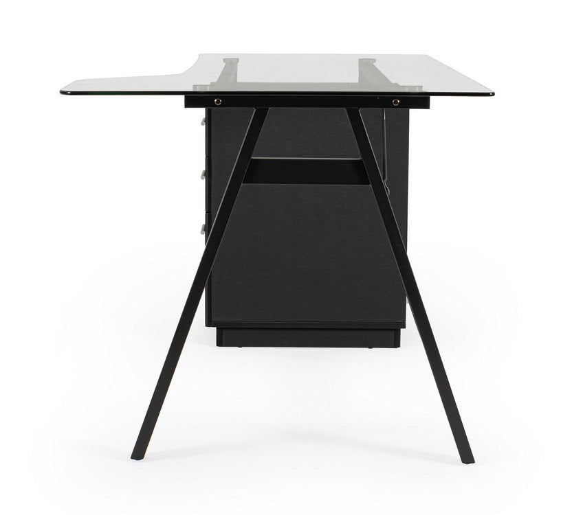 scrivania charlie in vetro temperato e base acciaio nero, con cassettiera 150,5 x 80 cm, ambientazione d’arredo con il...