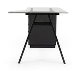 scrivania charlie in vetro temperato e base acciaio nero, con cassettiera 150,5 x 80 cm, ambientazione d’arredo con il...