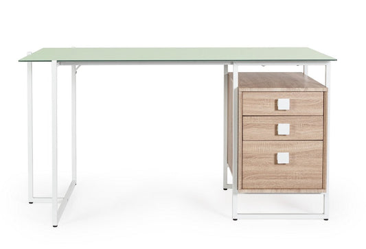 scrivania thomas in vetro temperato e base acciaio bianco, con cassettiera 142 x 69 cm, ambientazione d’arredo con il...