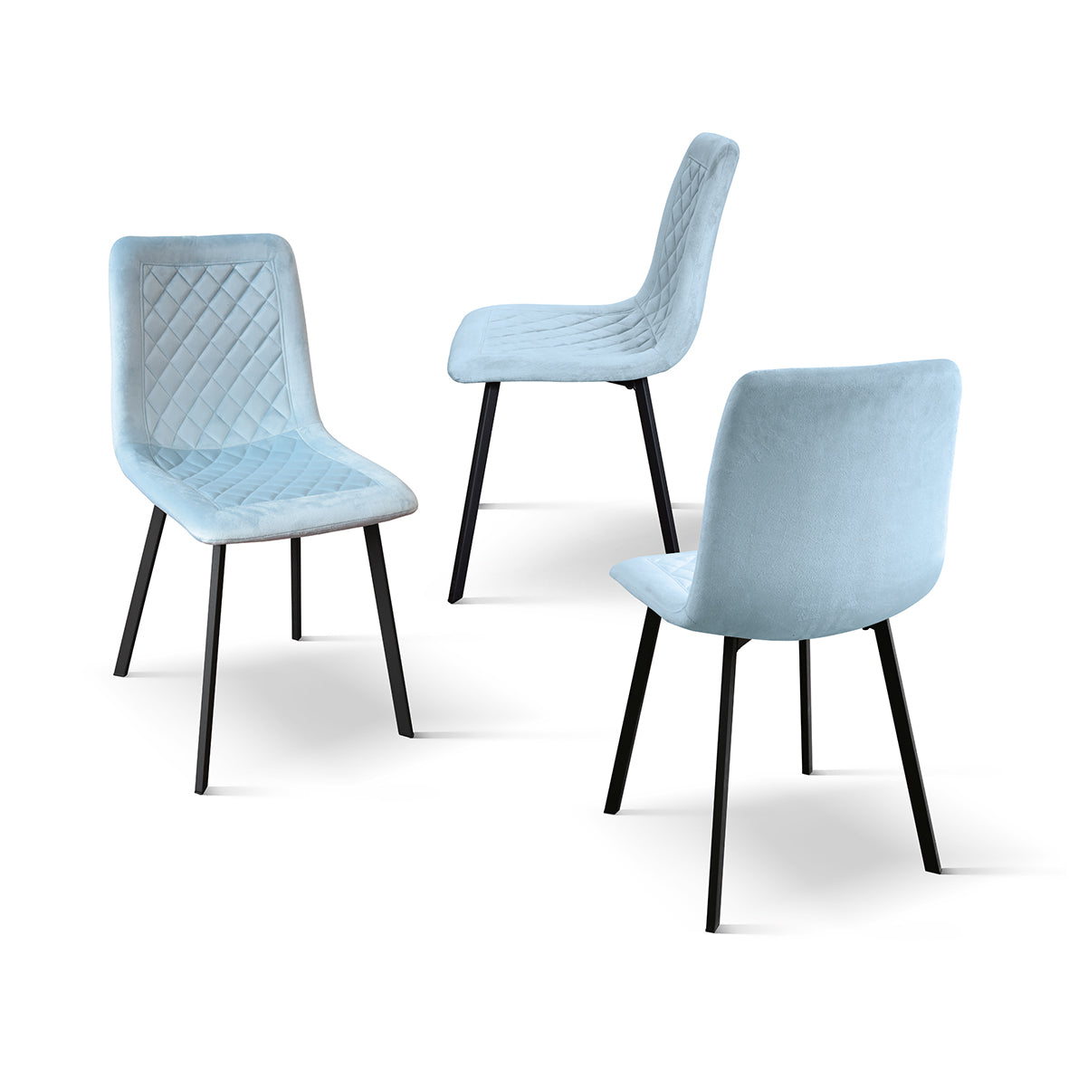 set di 4 sedie noho effetto velluto azzurro, dettaglio della struttura in legno, metallo o plastica