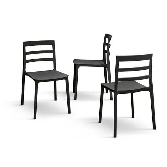 set di 4 sedie malaga in polipropilene nero, dettaglio della finitura in metallo, plastica o legno trattato