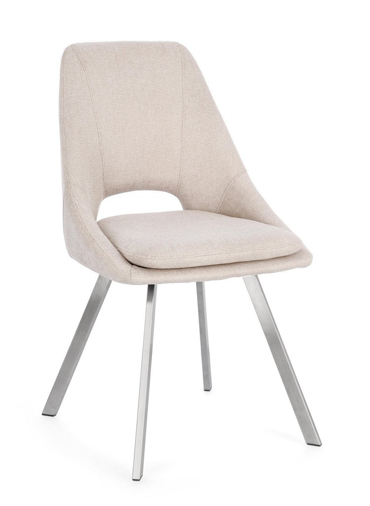 set di 2 sedie kashar in tessuto beige e gambe acciaio, sedia dal design moderno per sala da pranzo o soggiorno