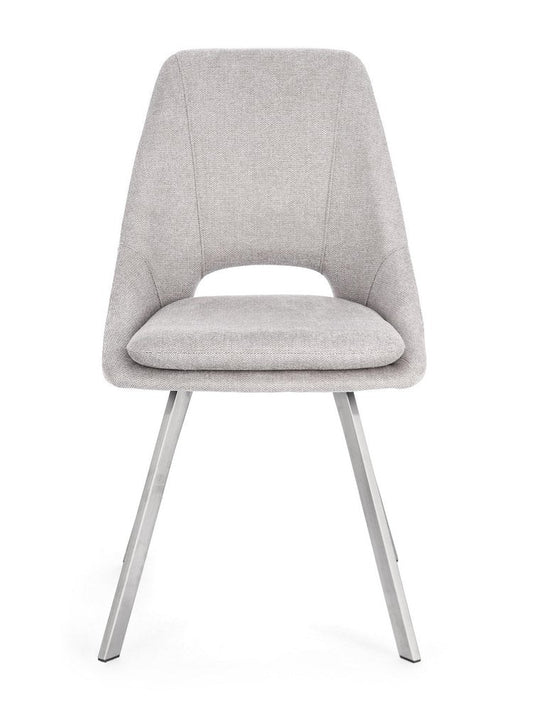 set di 2 sedie kashar in tessuto grigio chiaro e gambe acciaio, dettaglio della struttura in legno, metallo o plastica