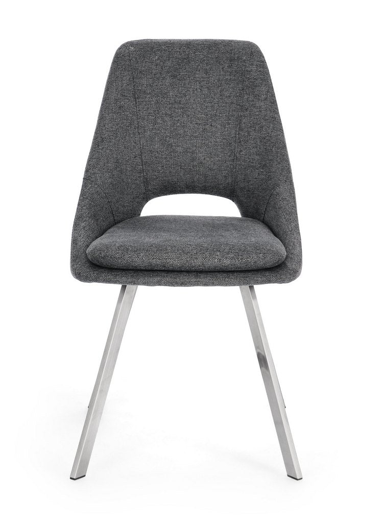 set di 2 sedie kashar in tessuto grigio scuro e gambe acciaio, dettaglio della struttura in legno, metallo o plastica