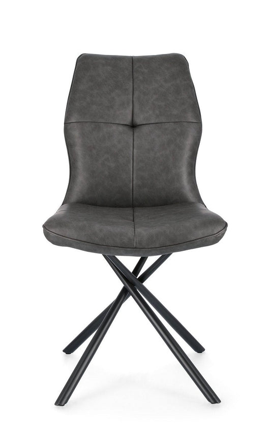 set di 2 sedie kepler in similpelle antracite e gambe incrociate nere, dettaglio della struttura in legno, metallo o plastica