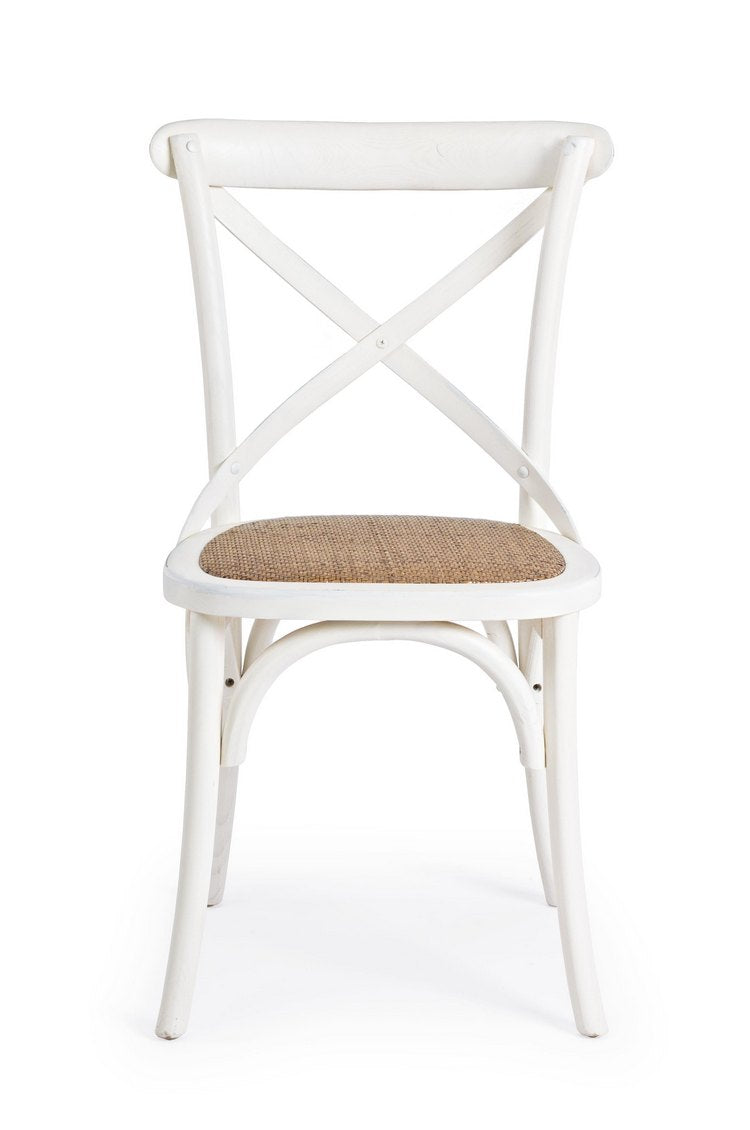 set di 2 sedie cross in legno di olmo bianco e rattan naturale, dettaglio della struttura in legno, metallo o plastica