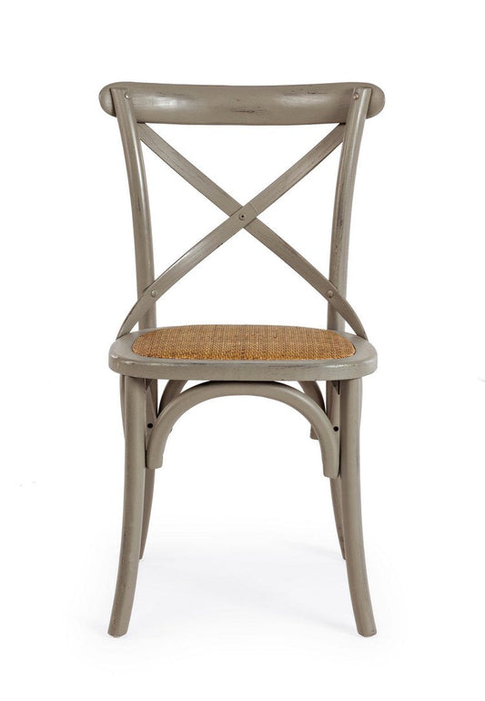 set di 2 sedie cross in legno di olmo grigio scuro e rattan naturale, dettaglio della struttura in legno, metallo o plastica