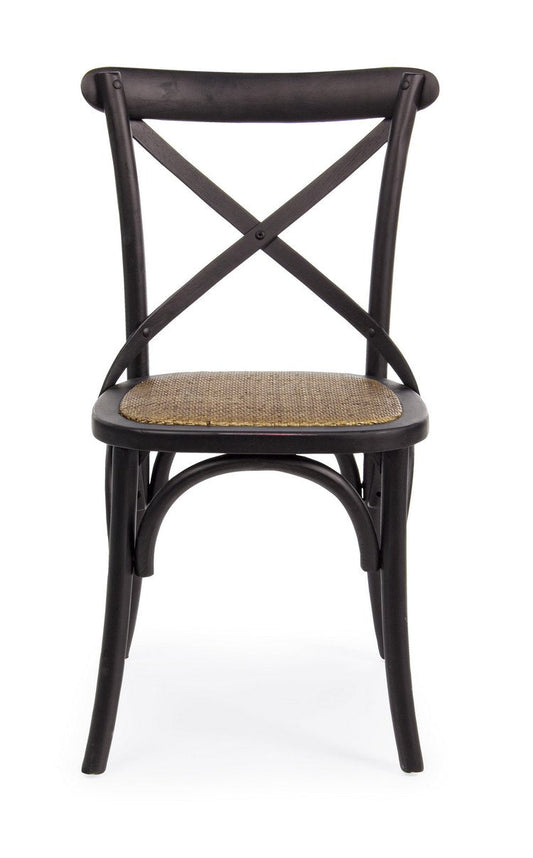 set di 2 sedie cross in legno di olmo nero e rattan naturale, dettaglio della struttura in legno, metallo o plastica