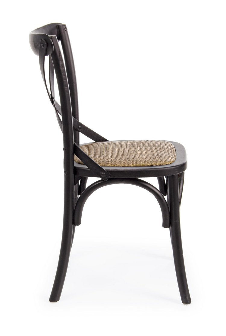 set di 2 sedie cross in legno di olmo nero e rattan naturale, seduta ergonomica per comfort quotidiano