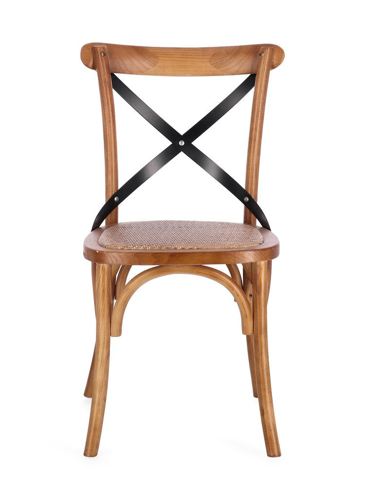 set di 2 sedie cross metal in legno di olmo naturale scuro e stecche acciaio nero, dettaglio della struttura in legno,...