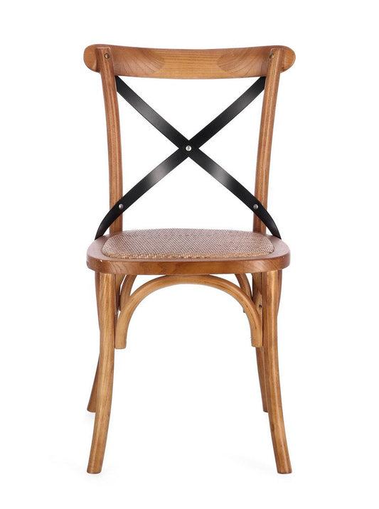 set di 2 sedie cross metal in legno di olmo naturale scuro e stecche acciaio nero, dettaglio della struttura in legno,...