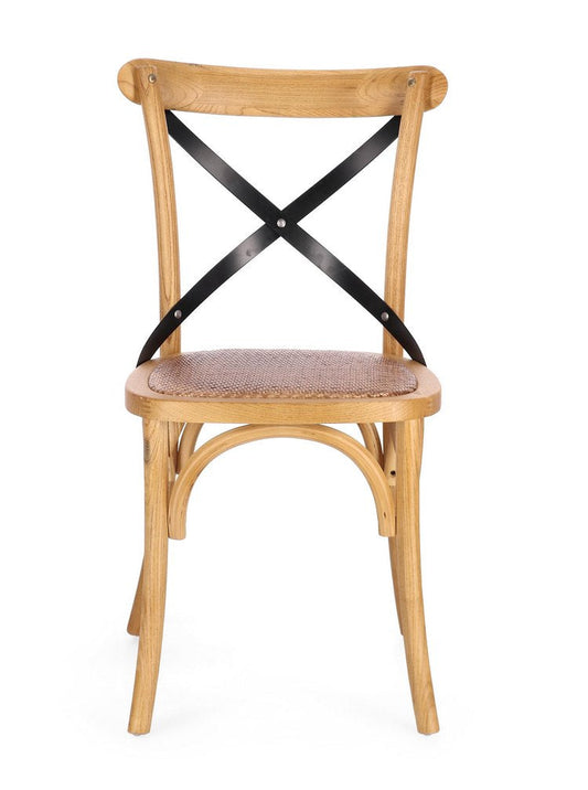 set di 2 sedie cross metal in legno di olmo naturale e stecche acciaio nero, dettaglio della struttura in legno, metallo o...