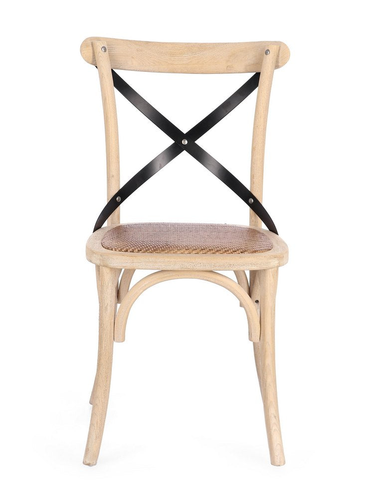 set di 2 sedie cross metal in legno di olmo chiaro e stecche acciaio nero, dettaglio della struttura in legno, metallo o...