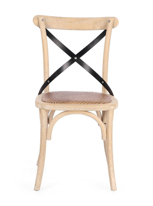 set di 2 sedie cross metal in legno di olmo chiaro e stecche acciaio nero, dettaglio della struttura in legno, metallo o...