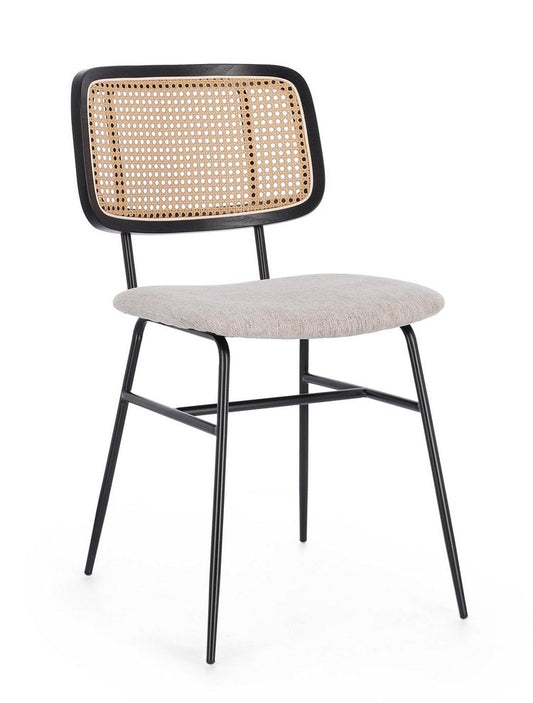 set di 2 sedie glenna in tessuto tortora e rattan con gambe acciaio nere, sedia dal design moderno per sala da pranzo o...