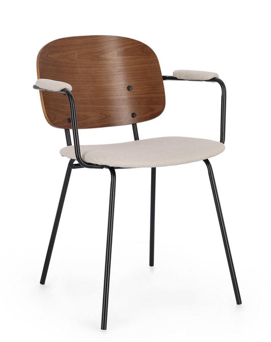 set di 2 sedie sienna in legno di pioppo e tessuto beige, gambe acciaio nere, poltroncina elegante con braccioli per zona...