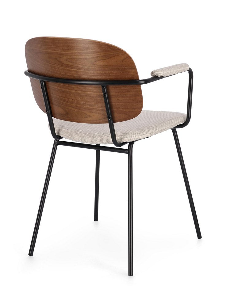 set di 2 sedie sienna in legno di pioppo e tessuto beige, gambe acciaio nere, vista ambientata in soggiorno o sala da pranzo