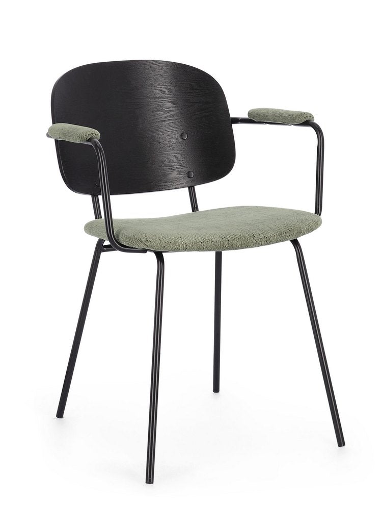 set di 2 sedie sienna in tessuto verde e struttura nera, poltroncina elegante con braccioli per zona living o pranzo