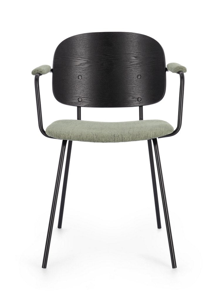 set di 2 sedie sienna in tessuto verde e struttura nera, dettaglio dei braccioli imbottiti o in legno