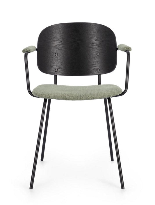 set di 2 sedie sienna in tessuto verde e struttura nera, dettaglio dei braccioli imbottiti o in legno