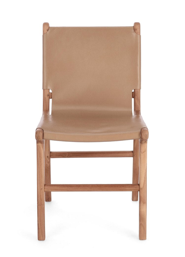 set di 2 sedie eugenie in legno di teak e vera pelle tortora, dettaglio della struttura in legno, metallo o plastica