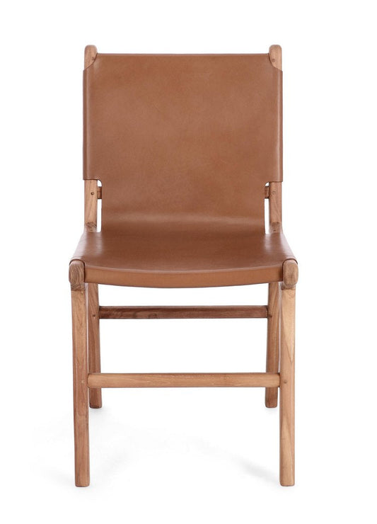 set di 2 sedie eugenie in legno di teak e vera pelle cognac, dettaglio della struttura in legno, metallo o plastica