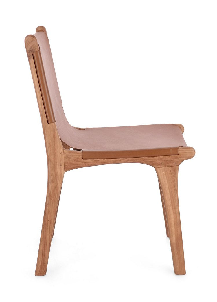 set di 2 sedie eugenie in legno di teak e vera pelle cognac, seduta ergonomica per comfort quotidiano