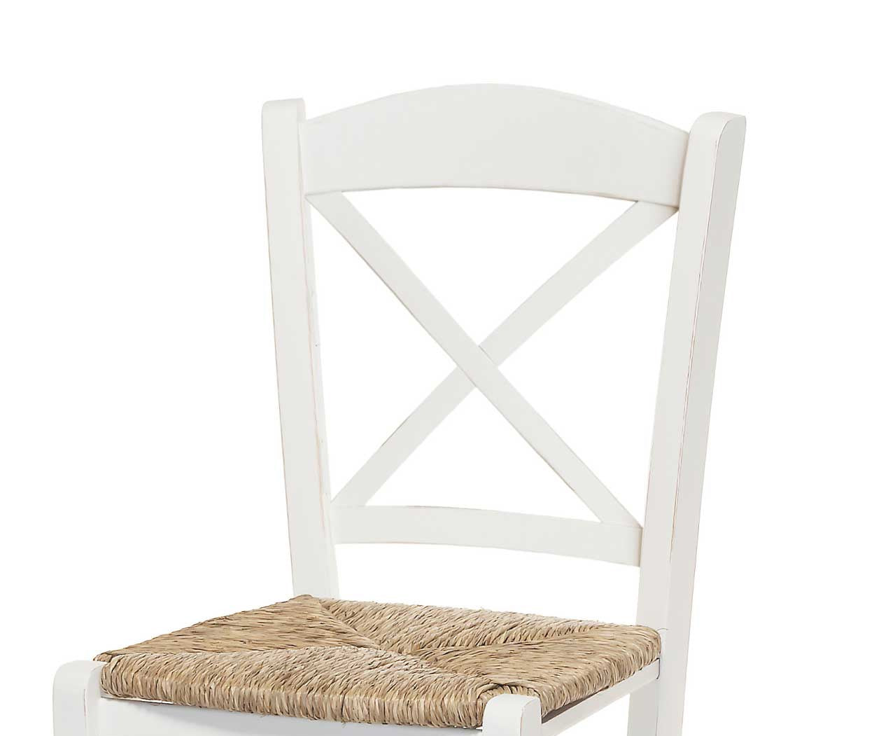 set di 2 sedie tiburtina in legno massello bianco con seduta in paglia, vista ambientata attorno a un tavolo da pranzo