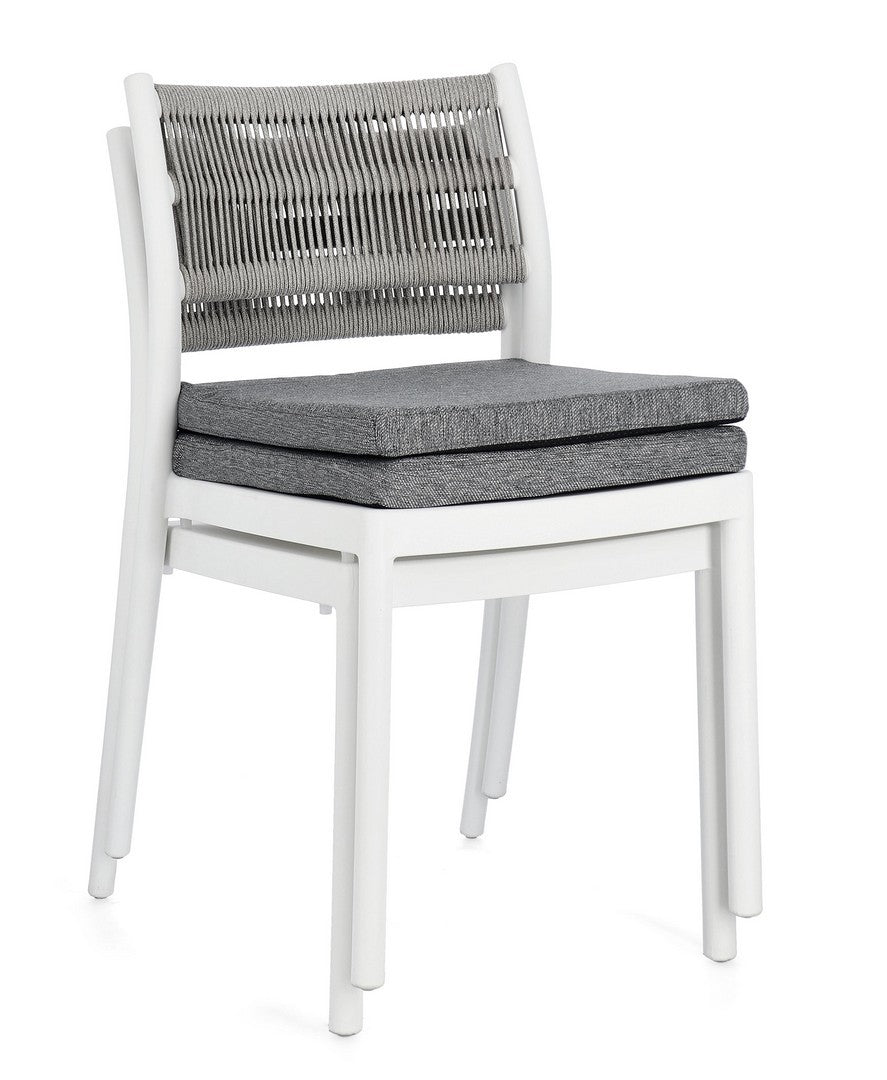 set di 4 sedie alvin in polipropilene bianco e corda intrecciata grigio chiaro, impilabili, modello outdoor dal design...
