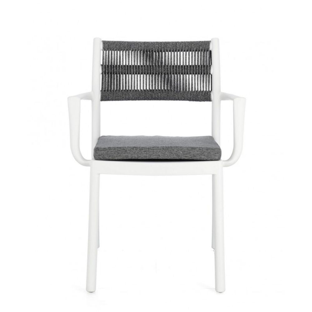 set di 4 sedie alvin in polipropilene bianco e corda intrecciata grigio scuro, con braccioli, ideale per arredare con stile...
