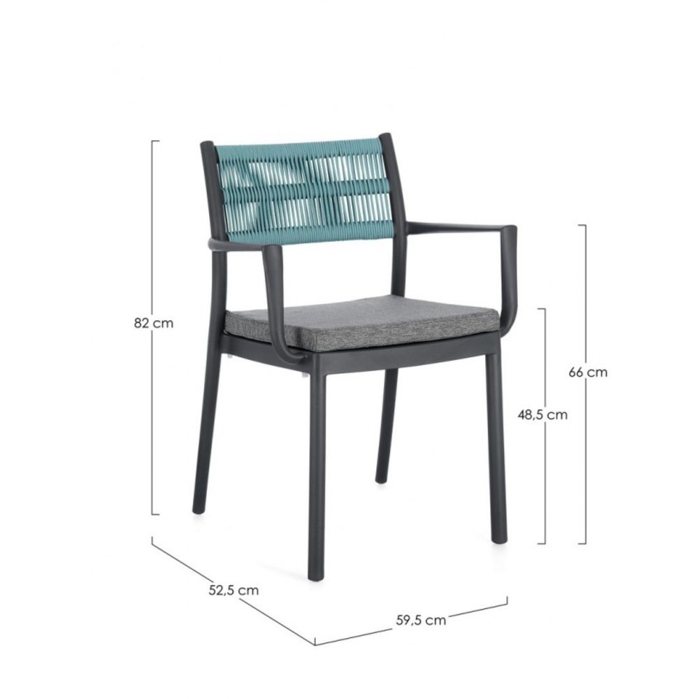 set di 4 sedie alvin in polipropilene antracite e corda intrecciata blu, con braccioli, ambientazione su terrazza, veranda o...