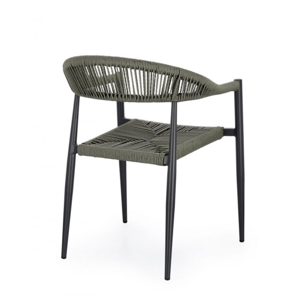 set di 4 sedie jandia in alluminio antracite e fibre intrecciate verdi, impilabili, dettaglio della finitura in metallo,...